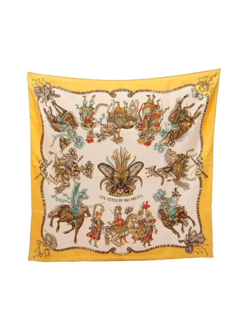 Hermes Scarf Carre 90 les Fetes du Roi Soleil Yellow Silk
